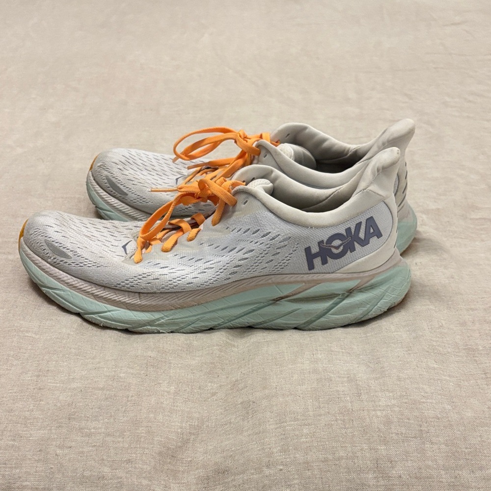 Hoka Women's Athletic Shoes - Light Gray and Mint with Orange Laces